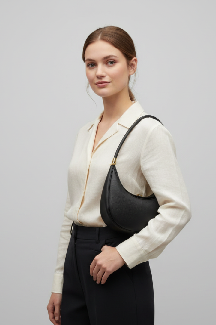 Arvella Crescent-Tasche Frontansicht in Schwarz | Saliénne