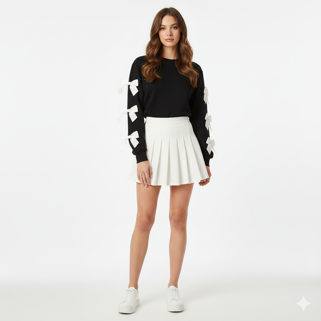 Ivy | Schwarzer Pullover mit weißen Bändern
