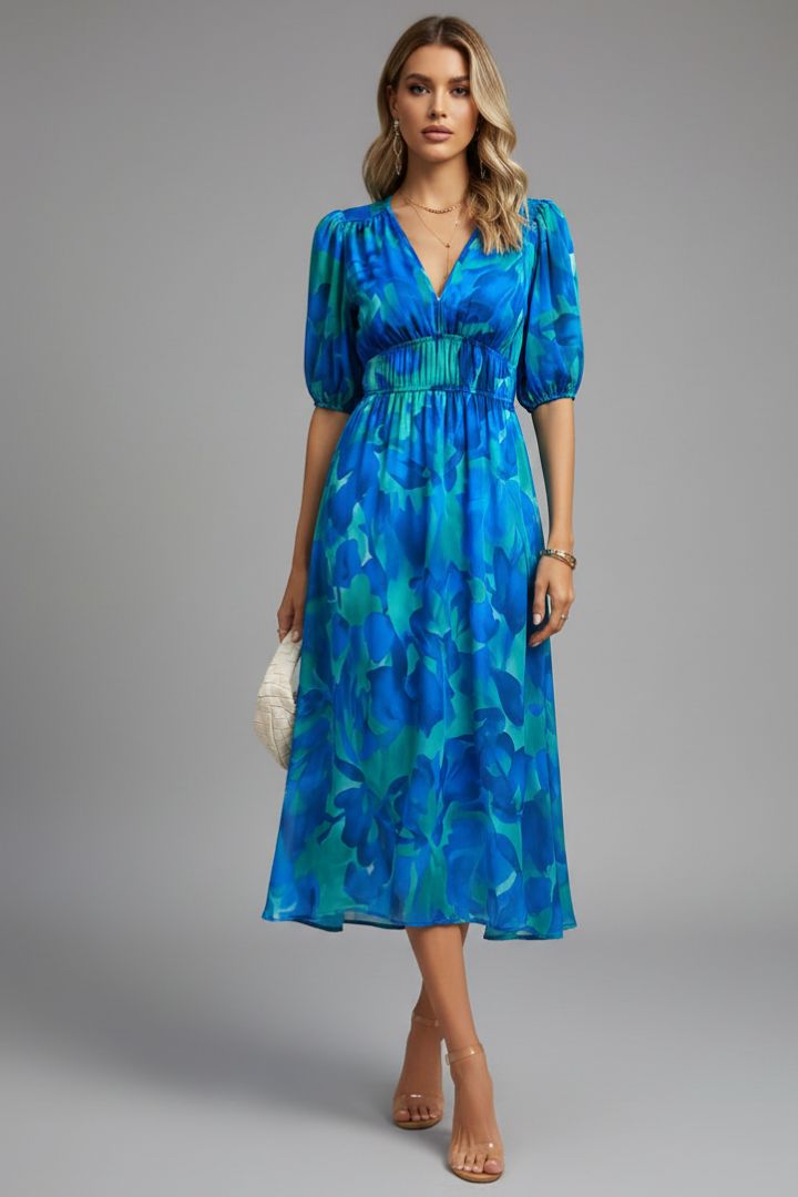 Sorelia | Blumen-Midikleid Puffärmel