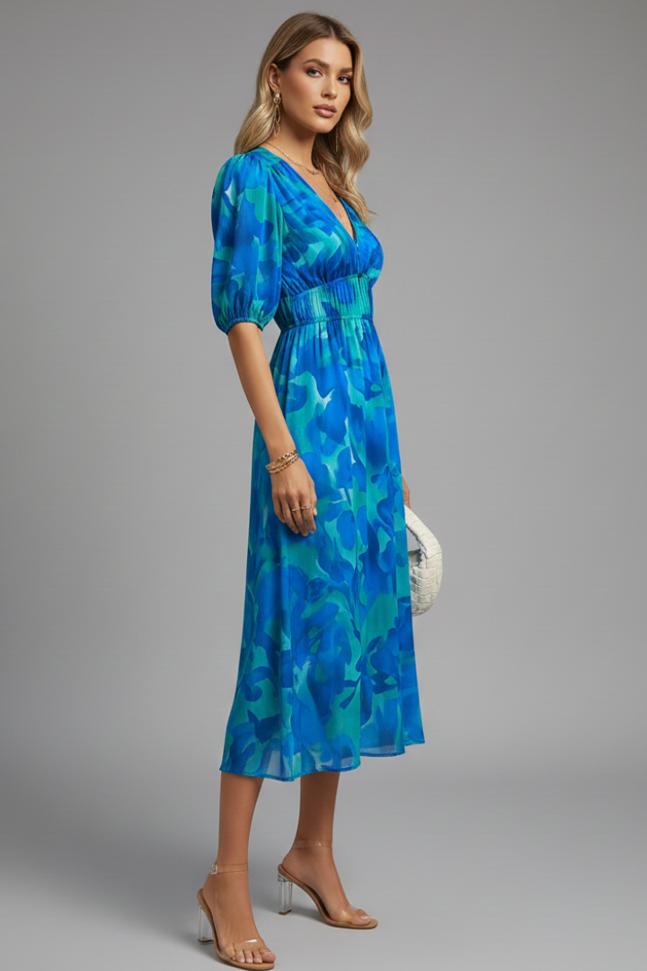 Sorelia | Blumen-Midikleid Puffärmel