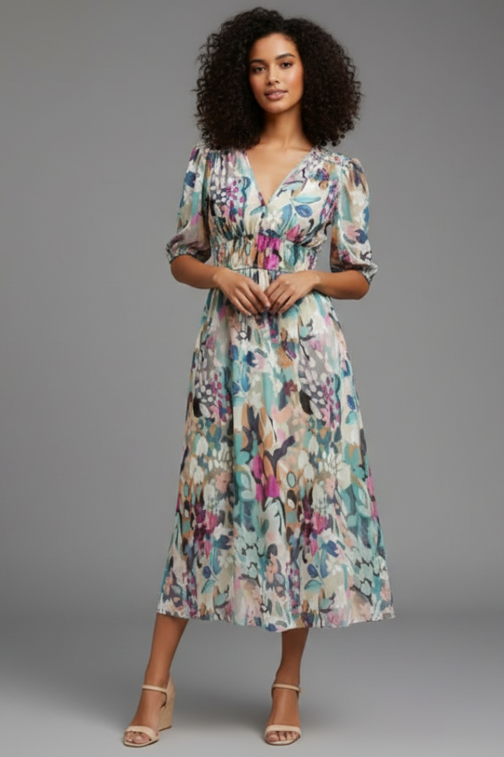 Sorelia | Blumen-Midikleid Puffärmel