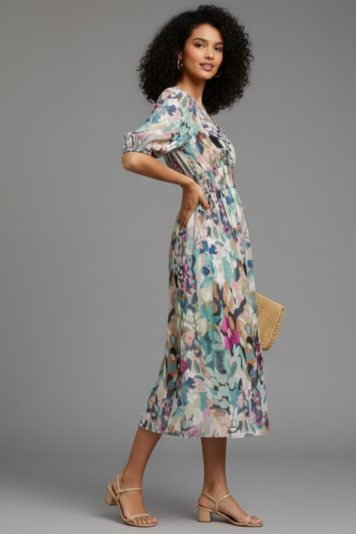 Sorelia | Blumen-Midikleid Puffärmel