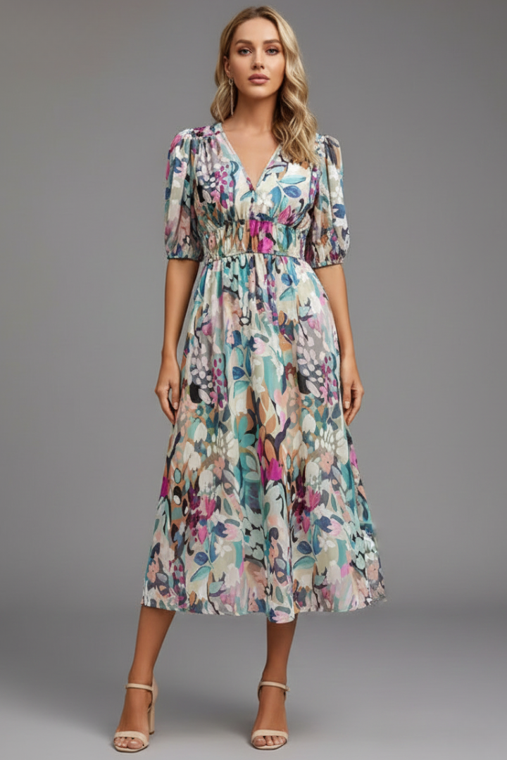Sorelia | Blumen-Midikleid Puffärmel