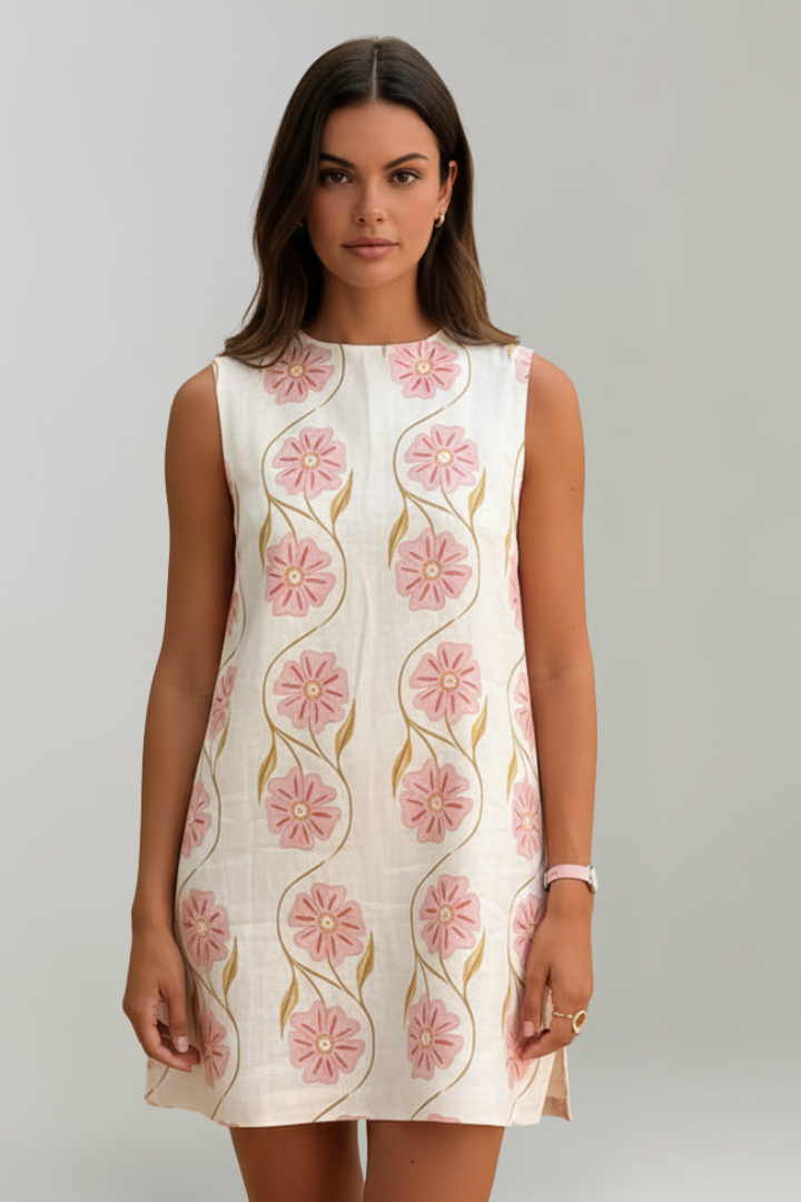 Viora | Blumen Mini-Kleid Leinen