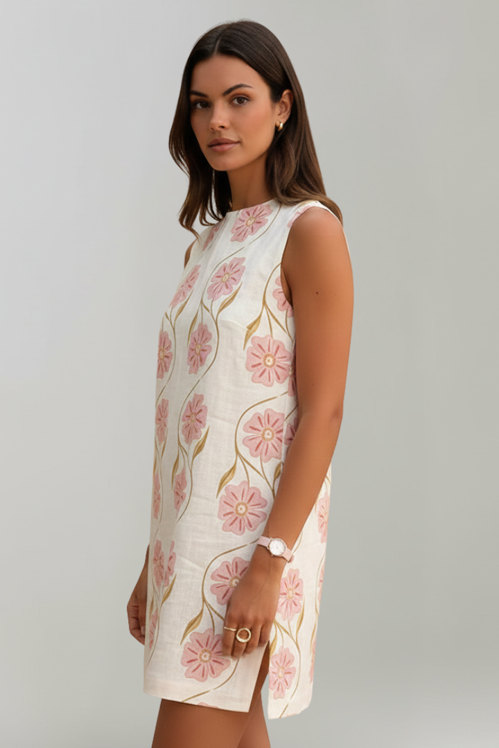 Viora | Blumen Mini-Kleid Leinen